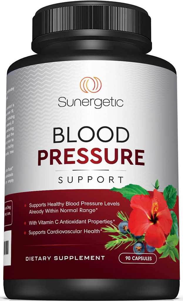 Sunergetic Premium Blood Pressure Support Supplement for Cardiovascular & Heart Health with Garlic, Hawthorn & Hibiscus (90 Capsules)