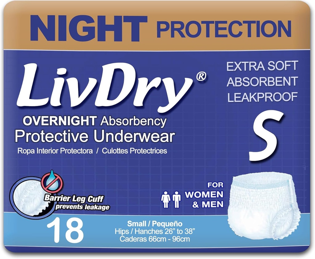 LivDry Adulte S Incontinence Sous-vêtements, Absorbance de confort nuit, Protection contre les fuites, Petit, 18-Pack