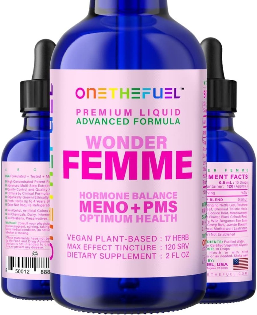 Wonder Femme Plant-Based Hormone Balance Ménopause Hot Flashes Relief Support 100% Natural 17 Herbal Women Estrogen Health Supplement Dong Quai Vitex + Fast Absorb Teinture 2 oz. Liquide