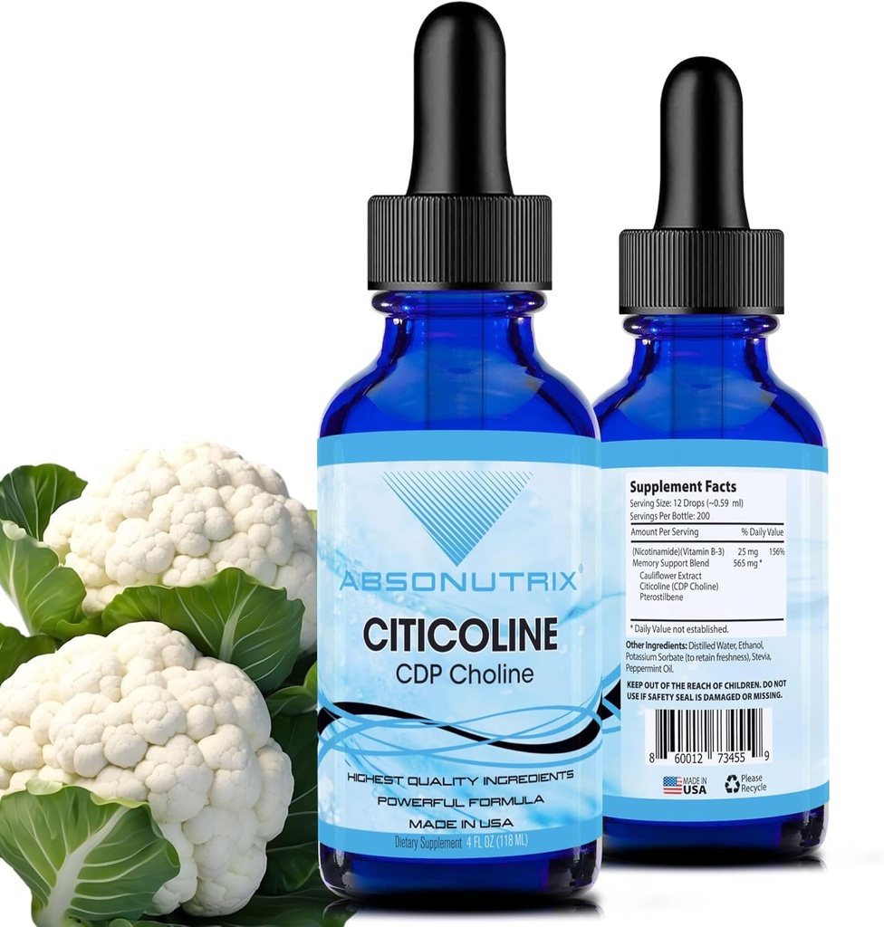 Absonutrix Citicoline 590 mg, 4 Oz bouteille, 200 portions, Fabriqué aux États-Unis, Absorption rapide, Ingrédients Potent de qualité, Non-OGM, GMP certifié, Produits sans cruauté