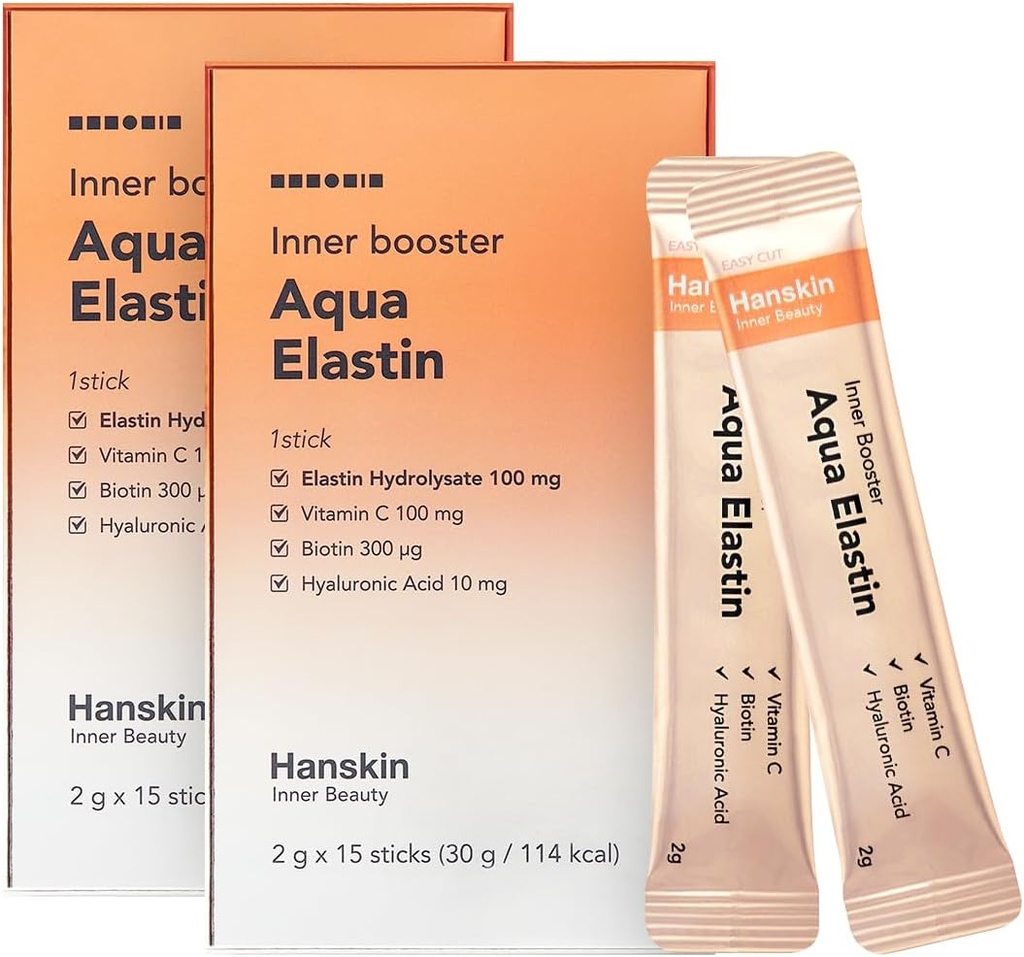 Hanskin Aqua Elastin Hyaluronic Acid Powder Packets for Hair, Skin, Wrinkles & Nails | Biotin, Vitamin C, Hyaluronic Acid | Nutritional Supplement for Healthy Skin, 2g x 30 Individual Sticks