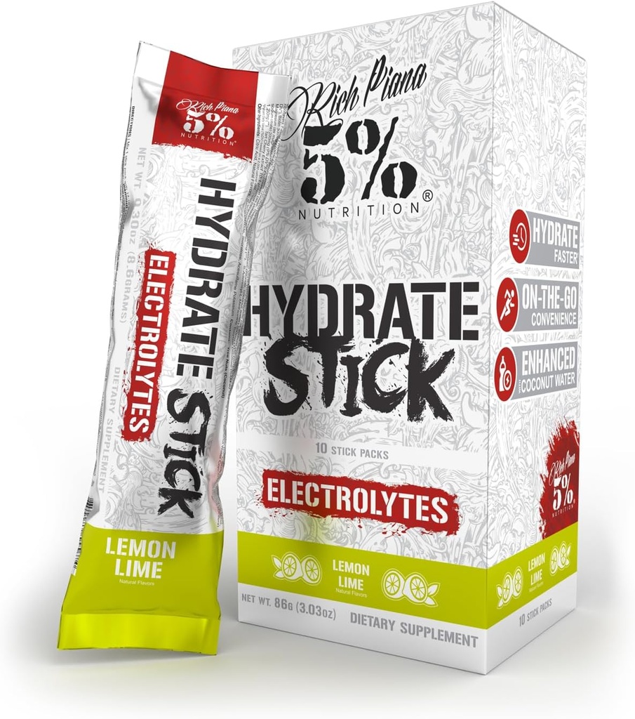 5 % Nutrition Hydrate Stick Hydratation Packets de Sport Mélange de poudre d'électrolyte avec de l'eau de coco (Lemon Lime) (10 Compte)