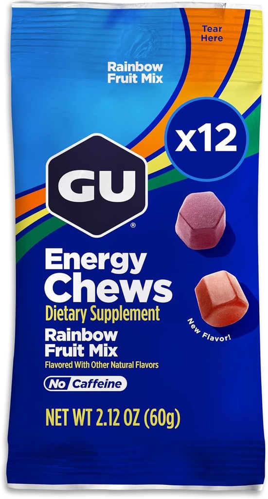 GU Energy Chews, Rainbow Mix Energy Gummies avec électrolytes, sans laiterie, l'énergie sur la route pour tout entraînement, 12 sacs (24 portions Total)