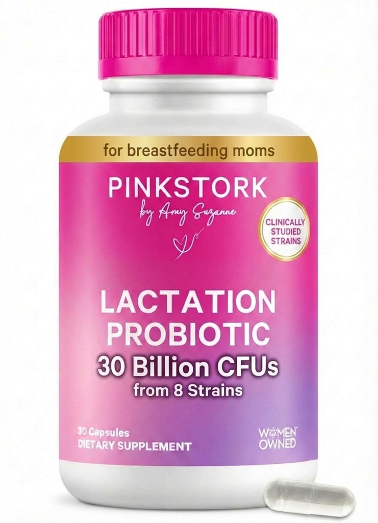 Pink Stork Allaitement Probiotique - 30 milliards d'UFC Multi souche Probiotiques postnatals pour les femmes qui allaitent - Soutien lait maternel et santé de la poitrine, essentiels postpartum, 30 capsules
