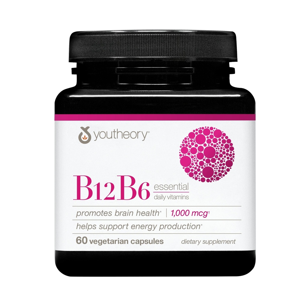 Youtheory B12B6 - Vitamine végane B6 et Vitamine B12 - Offre Cerveau Santé, Énergie et Immunity Support* - Produits laitiers, sans soja et sans gluten - 60 capsules végétariennes