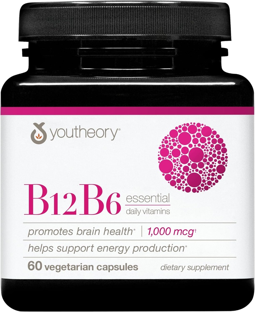 Youtheory B12B6 - Vitamine végane B6 et Vitamine B12 - Offre Cerveau Santé, Énergie et Immunity Support* - Produits laitiers, sans soja et sans gluten - 60 capsules végétariennes
