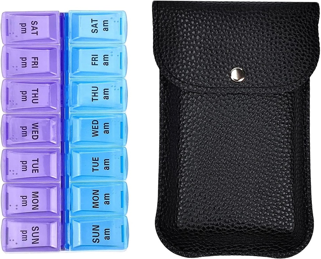 VOFOON Travel Pill Organizer 2 fois par jour, grande AM PM Pill Organizer 7 Day, PU Leather Daily Pill Box Case, Weekly Pill Medicine Organizer for Vitamines Medicine Fish Oils Suppléments (L Size)