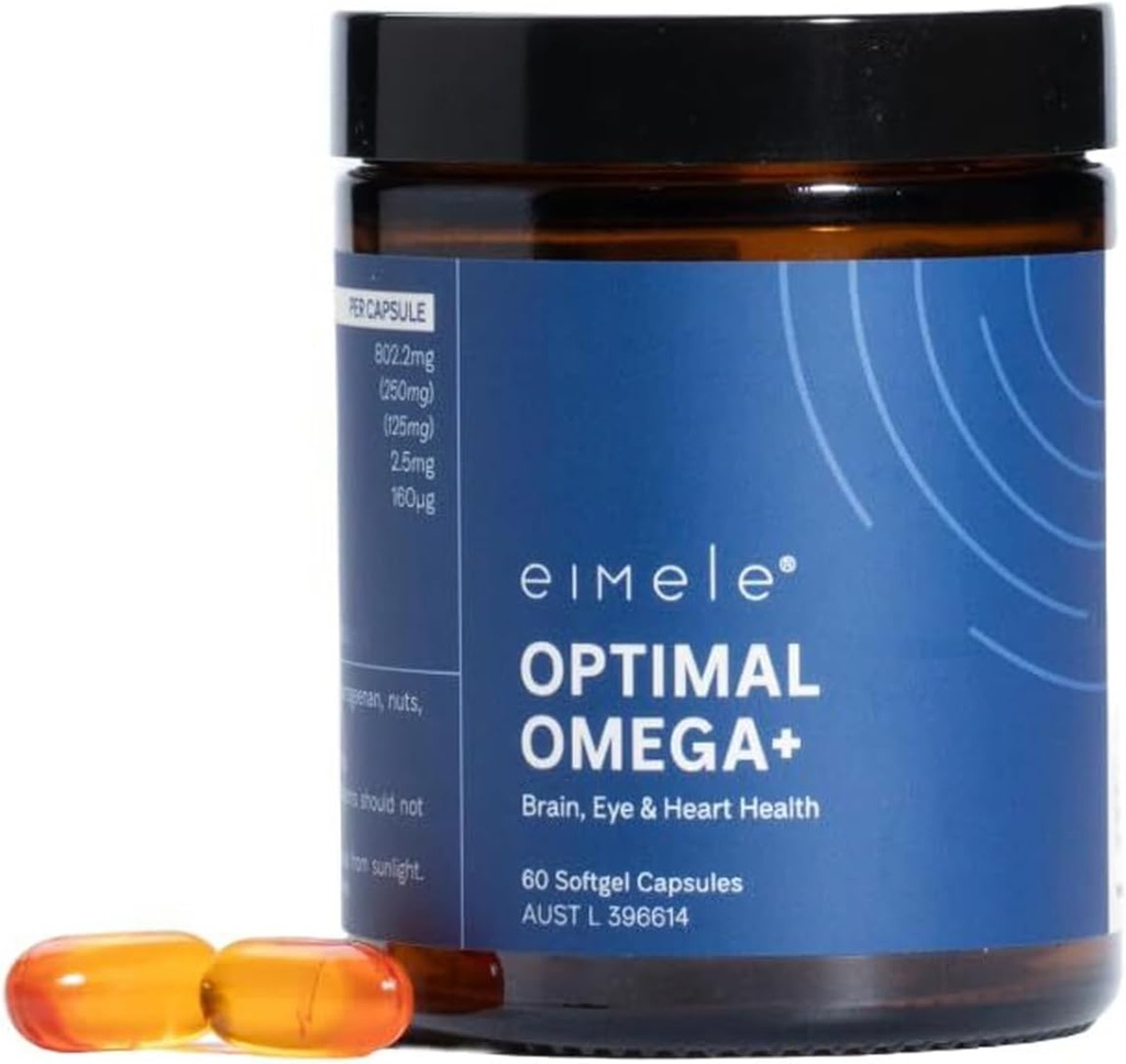eimele | Optimal Omega+ | Plant-Based Omega-3 EPA & DHA | Supplement for Brain, Eye & Heart Health | Antioxidant Support for Cognitive Function & Wellbeing | Non-GMO | Vegan | 60 softgel Capsules