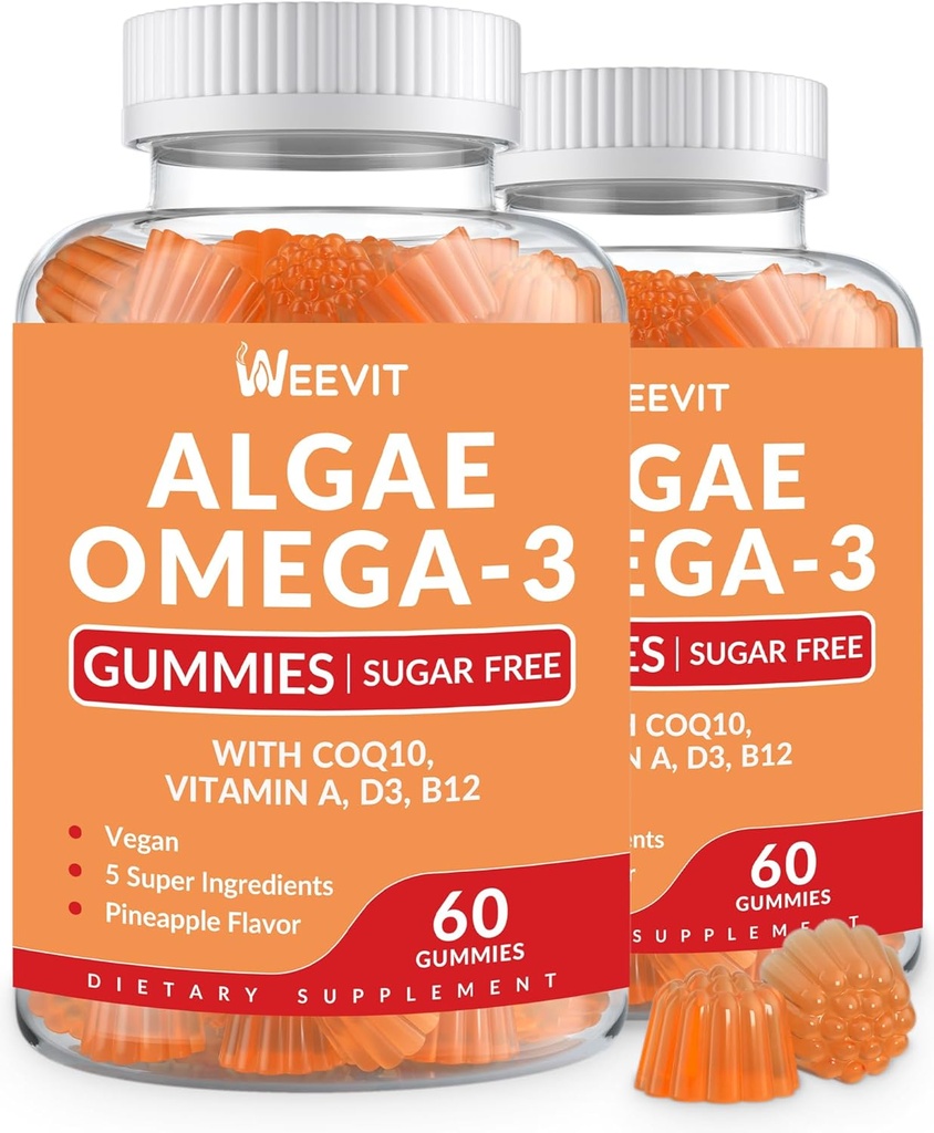 Vegan Omega 3 Gummies, Algae Omega-3 Supplément DHA 240mg, EPA 110mg w/Vitamine B12, CoQ10, Huile de poisson Alternative pour les adultes - Soutien du cerveau, des os, des yeux et de l'immunité