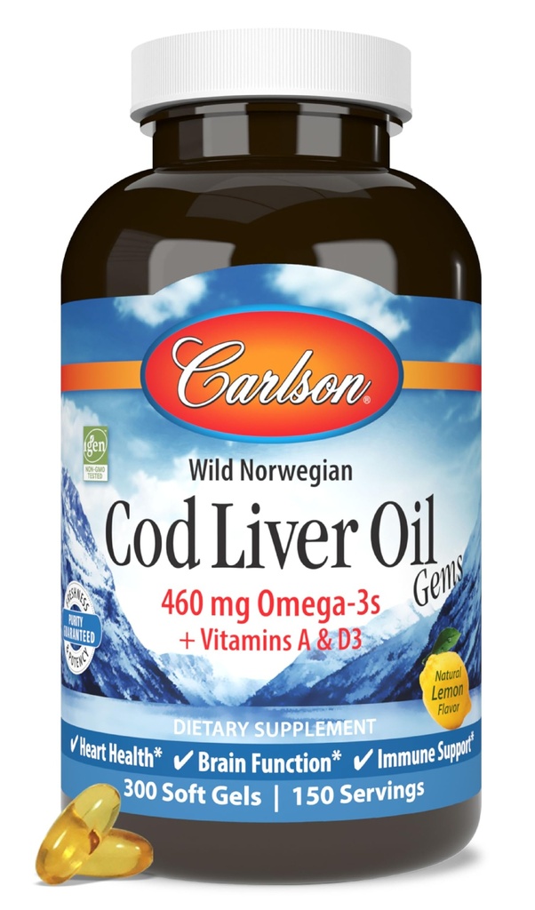 Carlson - Huile de foie de morue, 460 mg Omega-3s + Vitamines A & D3, Huile de l'Arctique norvégien d'origine sauvage, capsules d'huile de poisson nordique, citron, 300 Softgels