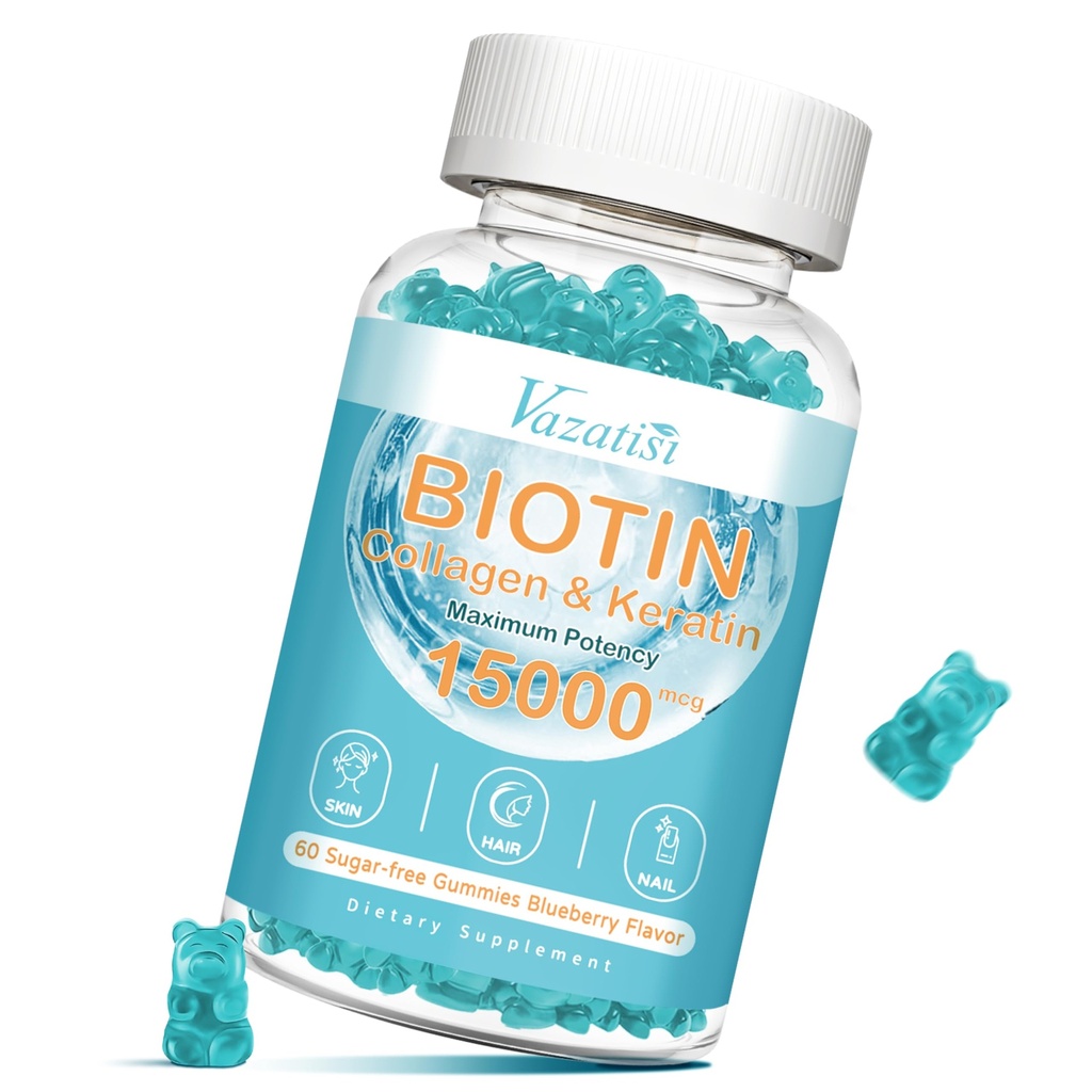 Gommies de biotine et de collagène avec B12, Peau de cheveux et ongles Vitamines Gommies pour la croissance des cheveux, peau Glowing et ongles forts - Blueberry Flavor, sans sucre, 60 Ct