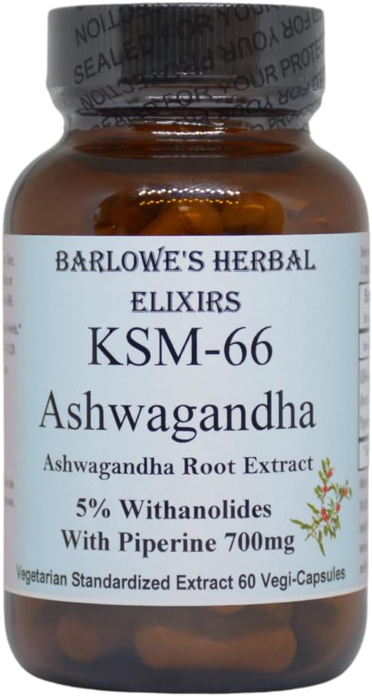 Barlowe's Herbal Elixirs KSM-66 Ashwagandha (en anglais seulement) Extrait de racine Ashwagandha (en anglais seulement) 5% Withanolides (en anglais seulement) 700mg par Capsule (en anglais seulement) 60 Capsules de légumes (en anglais seulement) Sans stéarate (en anglais seulement)