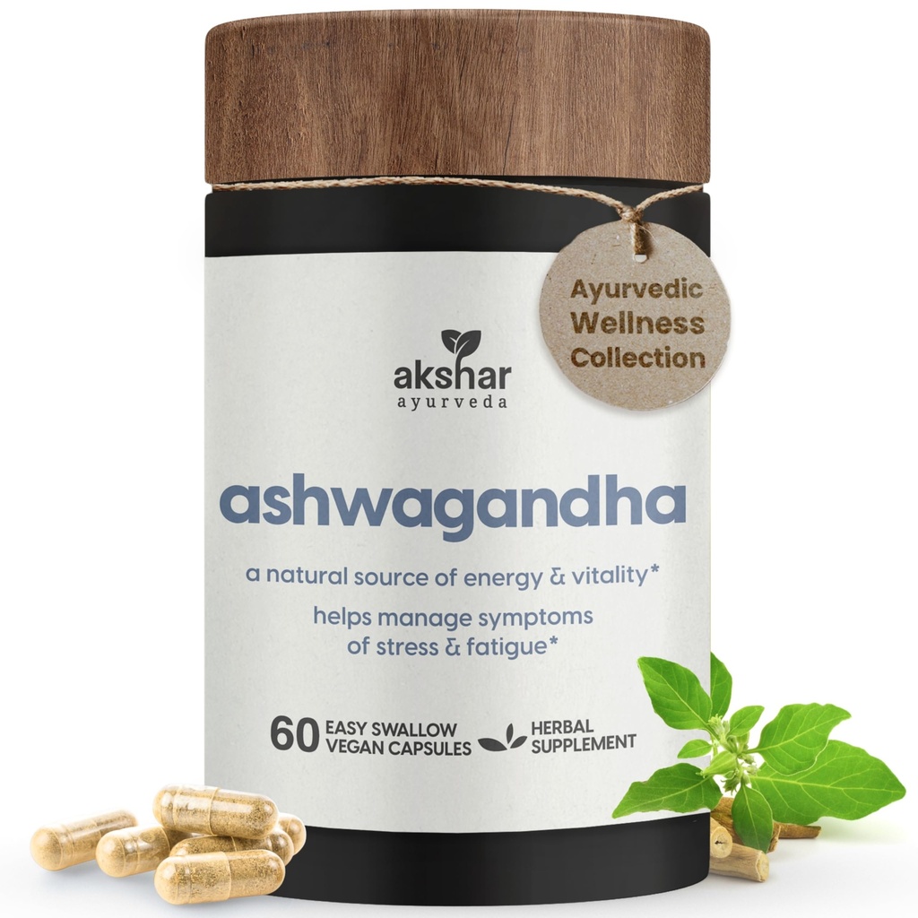 AKSHAR Ayurveda - Capsules Ashwagandha avec extrait de racine et poudre d'Ashwagandha - Support à base de plantes Adaptogène - Suppléments d'Ashwagandha sans cruauté végétalienne (60 comte)