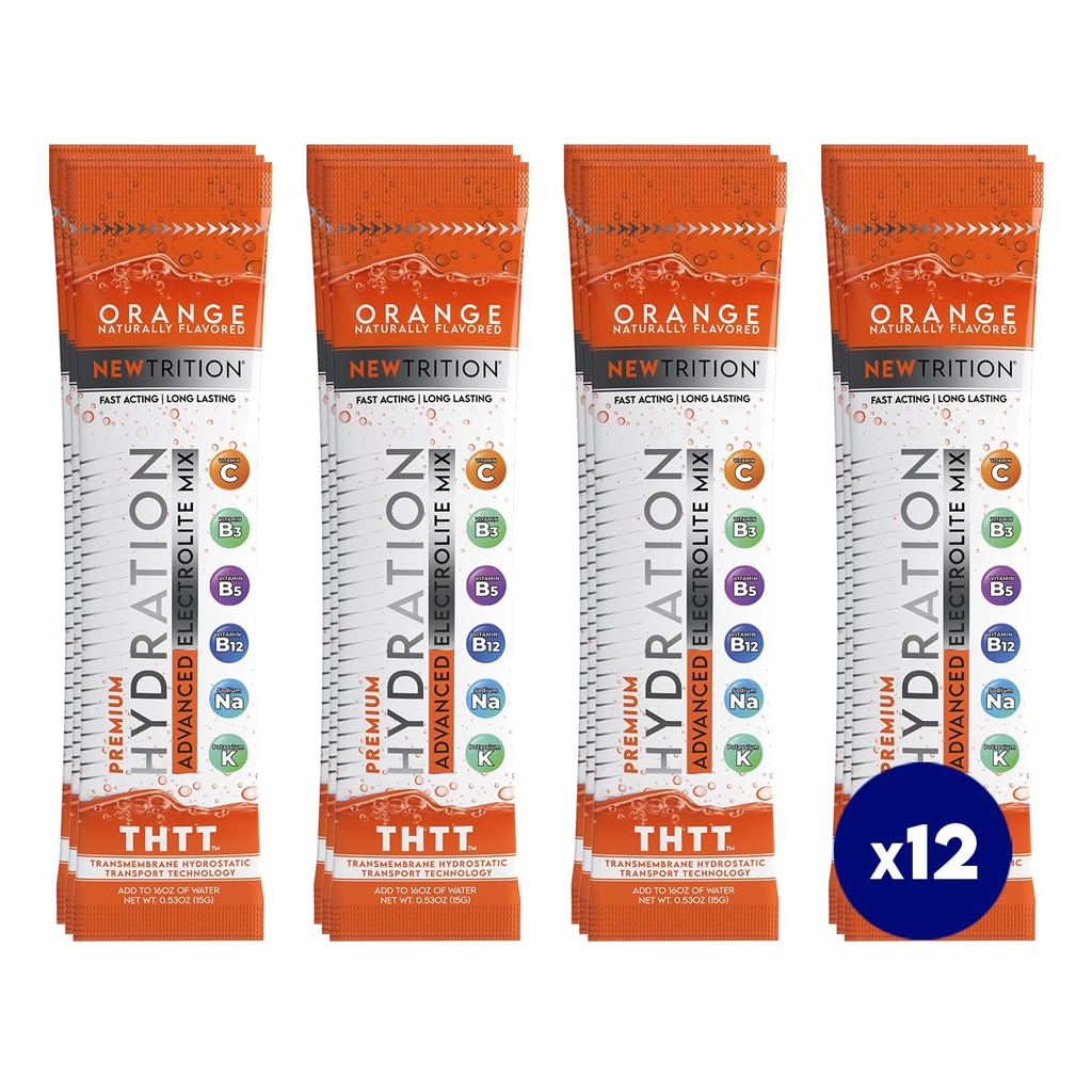 Poudre d'hydratation, pack orange de 12 paquets de poudre d'électrolyte, packs d'hydratation naturellement aromatisés pour l'eau, électrolytes d'hydrate à action rapide avec vitamines B & C, énergie et récupération
