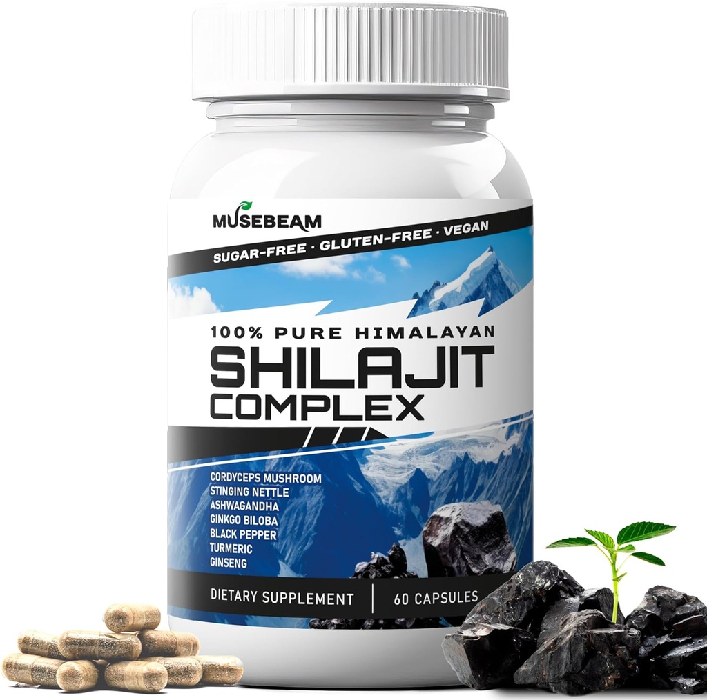 Himalayan Shilajit Capsules Hommes Femmes - Premium Himalayan Fulvic Acid Supplement Pills - Ashwagandha Turmeric Ginkgo Biloba Ginseng Cordyceps Champignon Sting Nettle Black Pepper