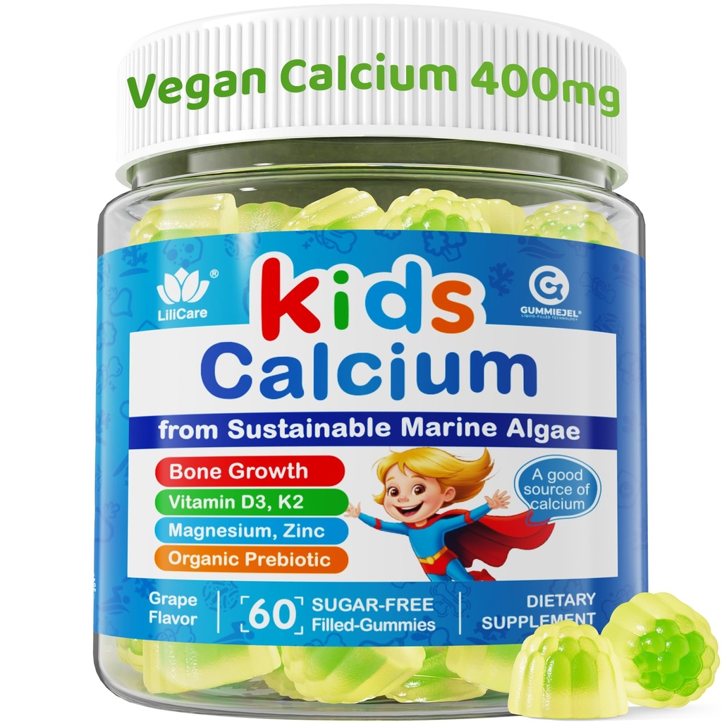Enfants Gommies de calcium + Vitamine D3 K2, Magnésium, Zinc, Extra Absorption Algae Supplément de calcium pour les enfants doux à l'estomac, os, dents, muscle, cerveau, sans sucre enfants à croquer Vitamines 4+, 60 comtes