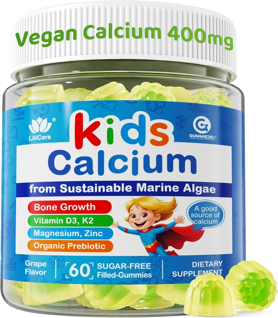 Enfants Gommies de calcium + Vitamine D3 K2, Magnésium, Zinc, Extra Absorption Algae Supplément de calcium pour les enfants doux à l'estomac, os, dents, muscle, cerveau, sans sucre enfants à croquer Vitamines 4+, 60 comtes