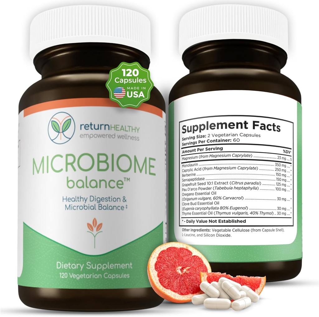 Microbiome Balance, Suppléments de santé Gut pour les femmes et les hommes, Supplément de digestion avec Monolaurin et acide caprylique, Supplément de désintoxication tout naturel pour la santé digestive, Boost digestif 120 C