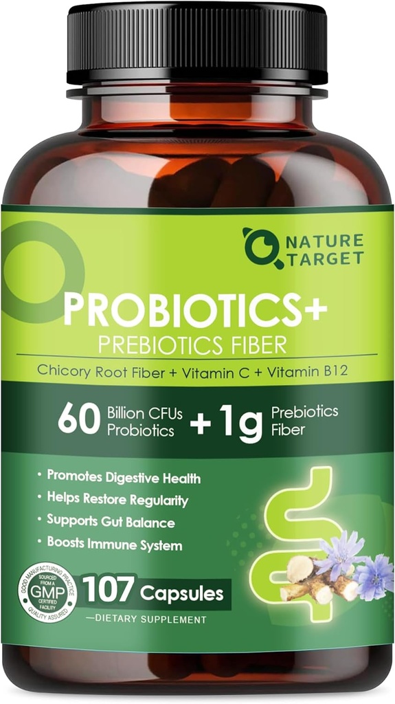 Probiotiques pour les femmes en santé digestive avec fibre prébiotique - Supplément fibreux avec 60 milliards de probiotiques pour la régularité et le nettoyage des intestins - soutient la constipation occasionnelle - 107 Capsules de Veggie