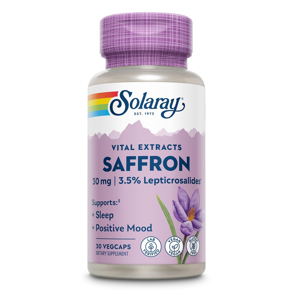 Solaray Extrait de safran - Sleep and Positive Mood Support - Suppléments de safran sans végane et sans gluten - Verifié en laboratoire - Garantie de 60 jours - 30 portions, 30 VegCaps