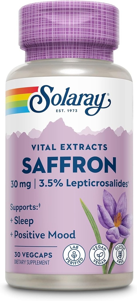Solaray Extrait de safran - Sleep and Positive Mood Support - Suppléments de safran sans végane et sans gluten - Verifié en laboratoire - Garantie de 60 jours - 30 portions, 30 VegCaps