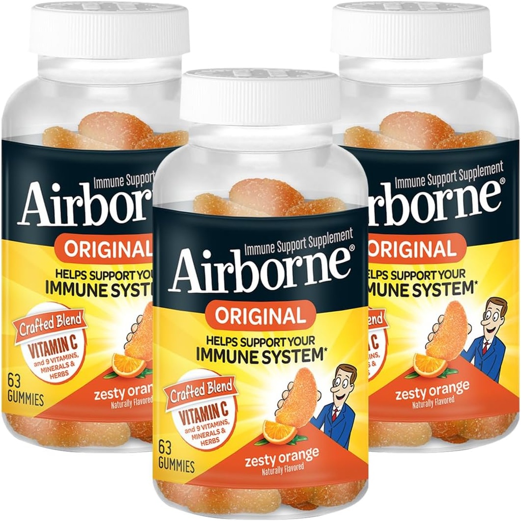 Airborne 750mg Vitamine C Supplément de soutien immunitaire Gommies pour adultes, parfum orange zeste, mélange sans gluten avec des antioxydants puissants Vitamines A C & E, 63 Gommies (3 Pack)