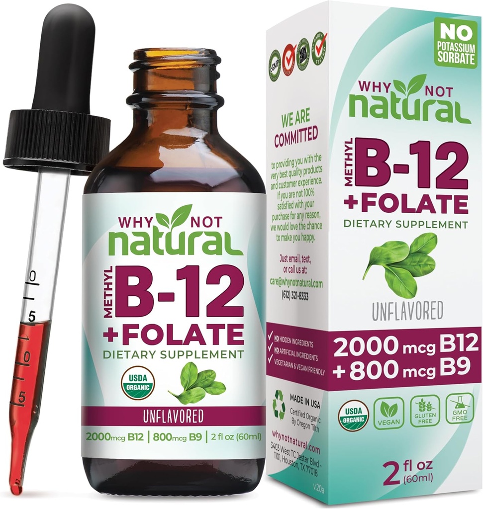 Pourquoi pas la vitamine naturelle B12 Liquide Plus Folate - Bio Sublingual Extra Strength gouttes végétaliennes - supplément de méthyle avec folinique