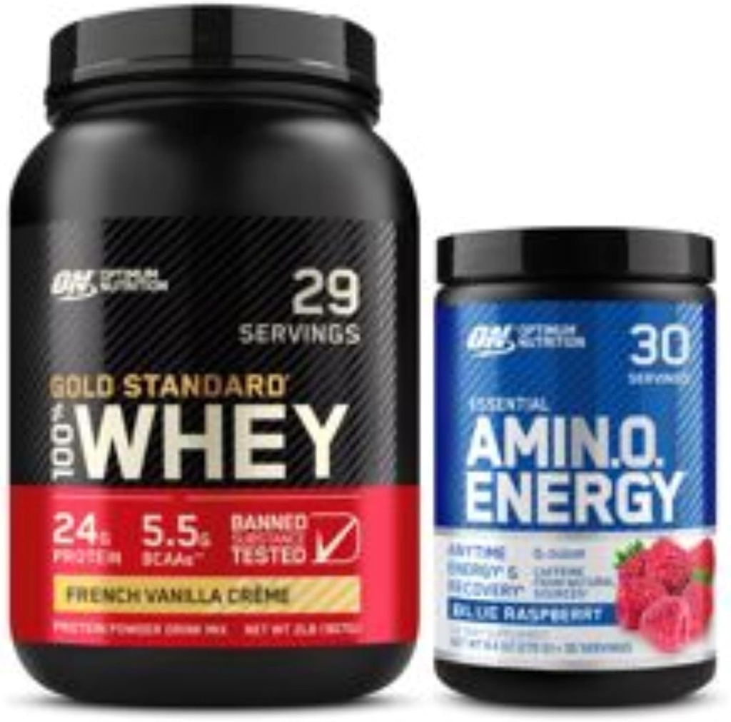 Optimum Nutrition Dynamic Duo Bundle: Amino Energy, Blue Raspberry (30 portions) et Gold Standard 100% Whey Protein Powder, French Vanilla Creme (29 portions)