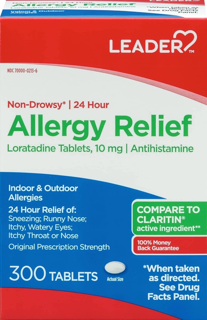 Leader 24 Hour Allergy Relief, Non-Drowsy, Loratadine 10mg, Antihistamine, Original Prescription Strength, Sinus Relief, Indoor and Outdoor, Counteract Allergy, 300 Tablets