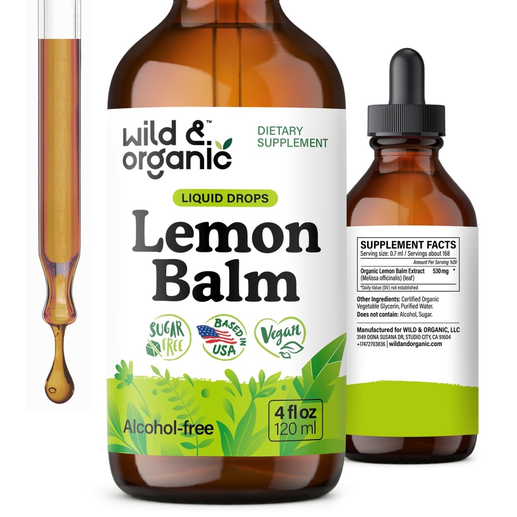 Teinture de baume de citron sauvage et biologique - Supplément de soutien à l'humeur - Melissa Feuille de baume de citron gouttes - Supplément de calmant végétalien, sans sucre et sans alcool - 4 fl oz