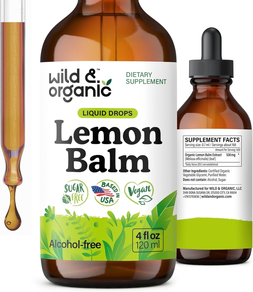 Teinture de baume de citron sauvage et biologique - Supplément de soutien à l'humeur - Melissa Feuille de baume de citron gouttes - Supplément de calmant végétalien, sans sucre et sans alcool - 4 fl oz