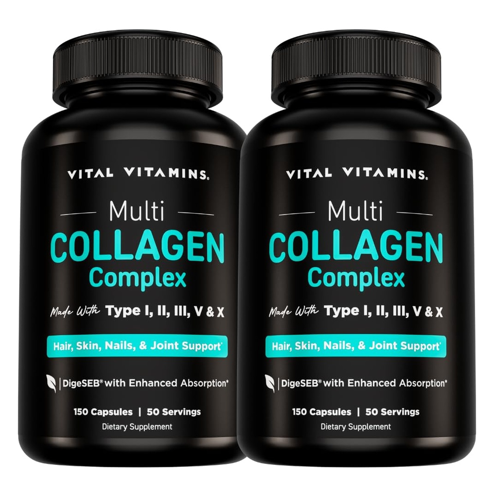 Vitamines vitales Pilules multicollagènes pour femmes et hommes (2-Pack) - Peptides de collagène hydrolysés - Type I, II, III, V, X - Foie herbacée, non-OGM
