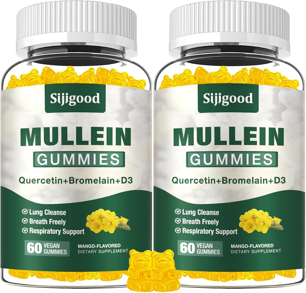 2 Pack Mullein Gummies pour poumons, supplément d'extrait de feuille de Mullein pour le soutien digestif et respiratoire et immunitaire avec Bromelain, Quercetin, Mango Flavor, 120 Comte