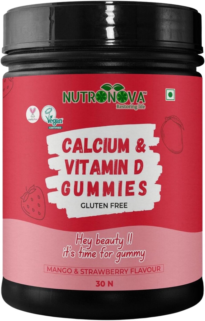 Rise générique. Calcium et vitamine D Gommies véganes pour femmes (30 Gommies à croquer, mangues et fraises) Fortifiées de vitamine D 200UI et de calcium pour les dents fortes et les os, Nautral