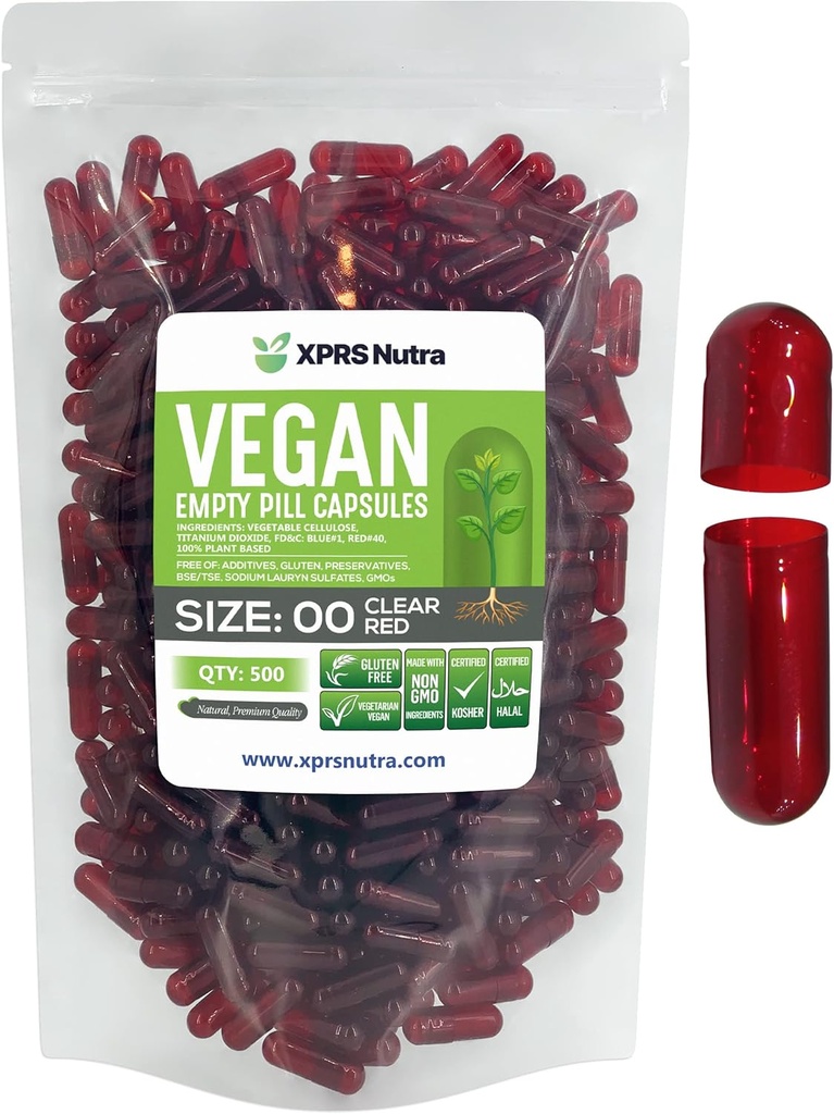 XPRS Nutra Size 00 Empty Capsules - 500 Count Empty Vegan Capsules - Vegetarian Empty Pills - DIY Vegetable Capsule Filling- Veggie Pill Caps (Clear Red)