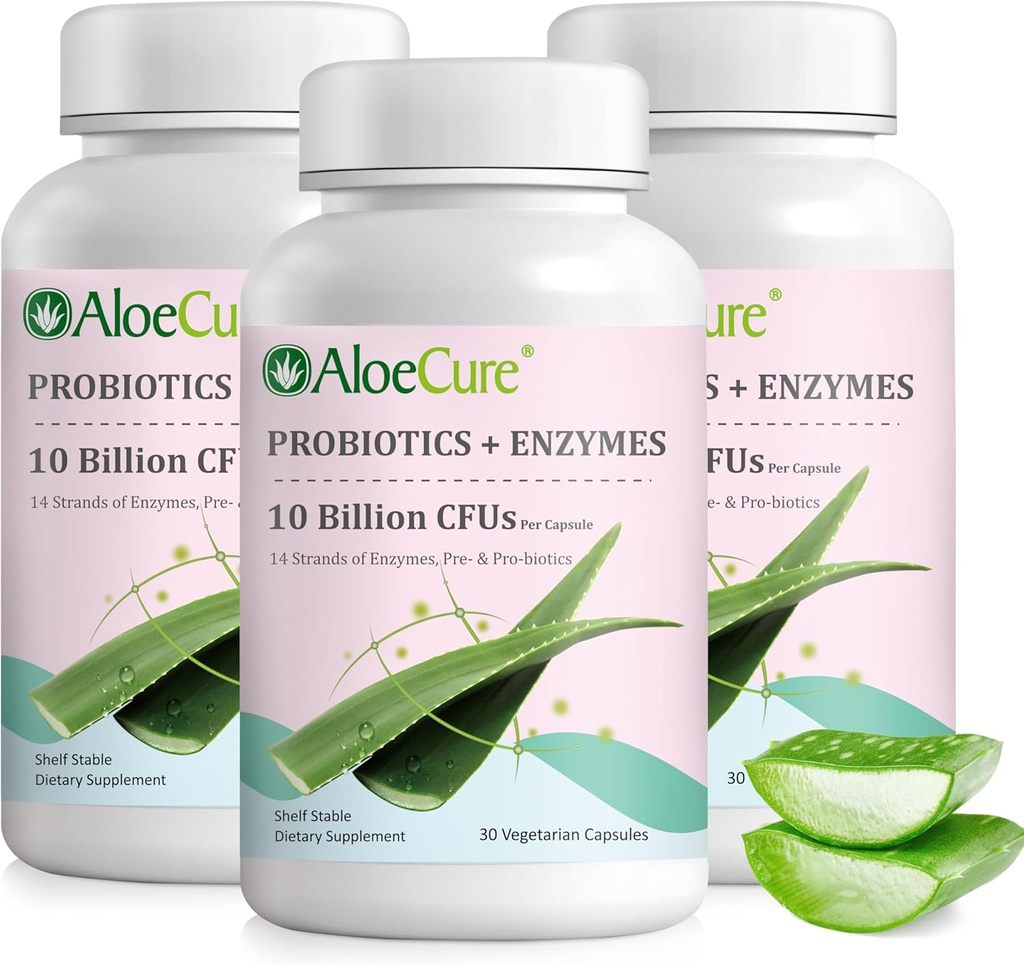 Probiotiques quotidiens AloeCure 10 milliards d'UFC pour le soutien digestif 8 souches, 6 prébiotiques et enzymes - supplément digestif avec bromélain pour les femmes et les hommes - soutien git, soulagement digestif, 30 capsules x 3btls