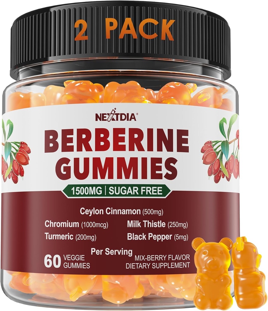 2 Pack - Gommies berbères 1500mg sans sucre, supplément berbère biologique avec cannelle de Ceylan, chrome, curcuma, chardon de lait pour le métabolisme, Berberine HCl de l'extrait de baies indiennes, végétalien