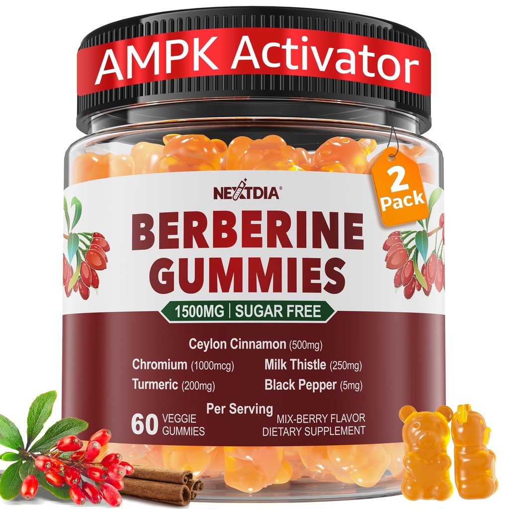 2 Pack - Gommies berbères 1500mg sans sucre, supplément berbère biologique avec cannelle de Ceylan, chrome, curcuma, chardon de lait pour le métabolisme, Berberine HCl de l'extrait de baies indiennes, végétalien
