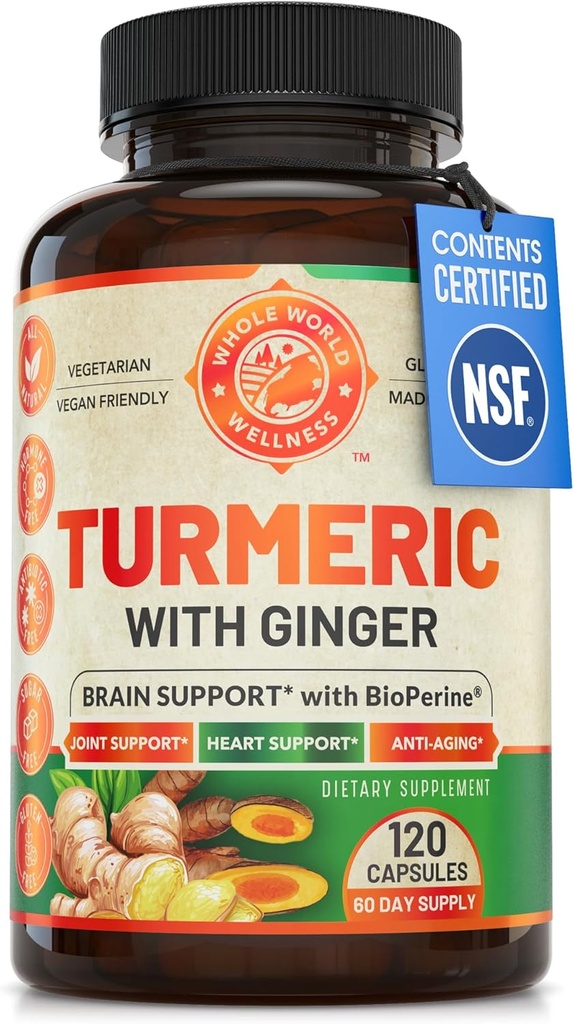 Organic Turmeric Curcumin with Ginger & Black Pepper, 2 Month Supply. Supports Heart Health, Brain Health & Joint Health. Max Absorption Turmeric Supplement. NSF Certified, Made in USA. 120 Capsules.
