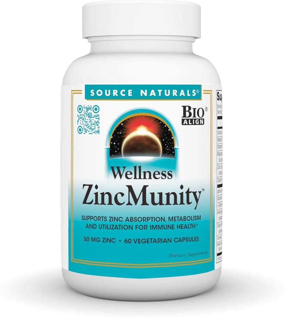 Source Naturals Wellness ZincMunity, soutient l'absorption, le métabolisme et l'utilisation du zinc pour Immune Heath*, 50 mg de zinc - 60 capsules végétariennes