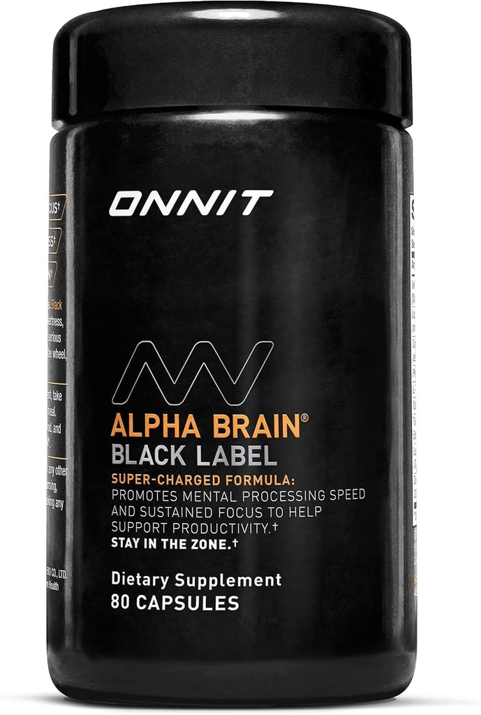 ONNIT Alpha Cerveau Black Label Capsule (80ct) Premium Citicoline Cerveau Supplément – IGENTM Non-OGM testé pour le focus, la concentration et la mémoire, Lion.