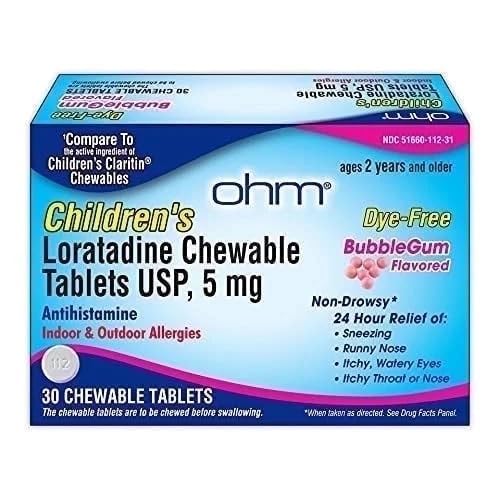 Ohm Enfants Loratadine Chewable, Sans colorant, Bubblegum, Non-Drowsy 24h Relief d'éternuement, Nez de runny, Yeux aqueux, Gorge de démangeaison ou de nez, Antihistamine, Allergies intérieures et extérieures, 5mg, 30 comprimés
