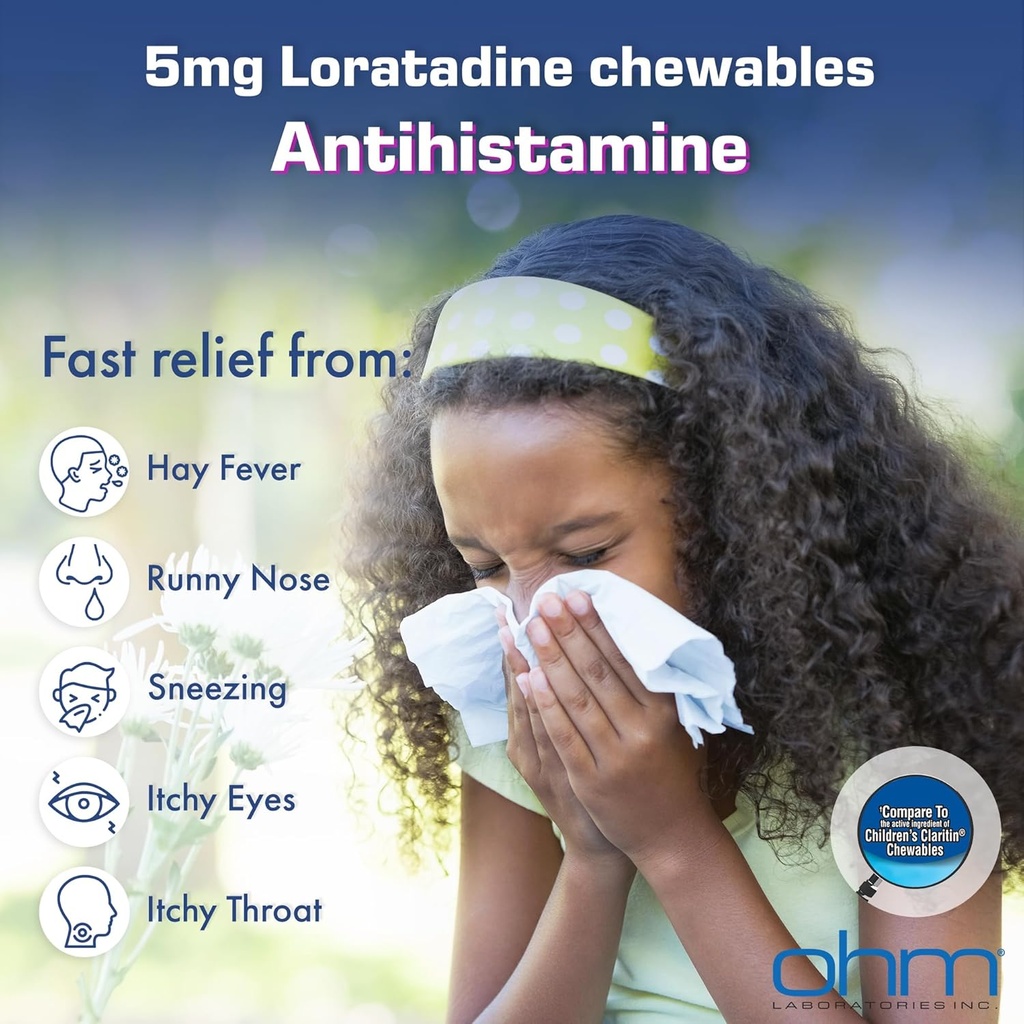 Ohm Enfants Loratadine Chewable, Sans colorant, Bubblegum, Non-Drowsy 24h Relief d'éternuement, Nez de runny, Yeux aqueux, Gorge de démangeaison ou de nez, Antihistamine, Allergies intérieures et extérieures, 5mg, 30 comprimés
