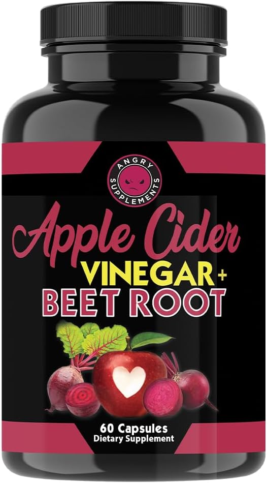 Angry Supplements Apple Cider Vinegar + Beet Root Powder Capsules, Pure ACV Beetroot 1000mg per Serving, Digestive Health for Men and Women (60ct, 1-Month Supply)