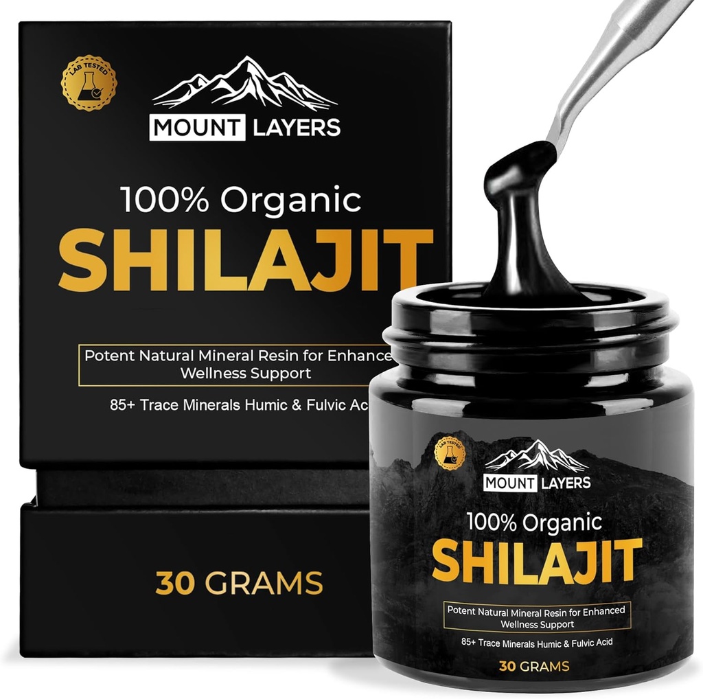 Résine pure Shilajit avec acide fulvic - Himalayan Shilajit pour hommes et femmes avec 85+ minéraux traces - soutient le métabolisme - os santé et système immunitaire - 500mg - 60 portions - 30g Jar