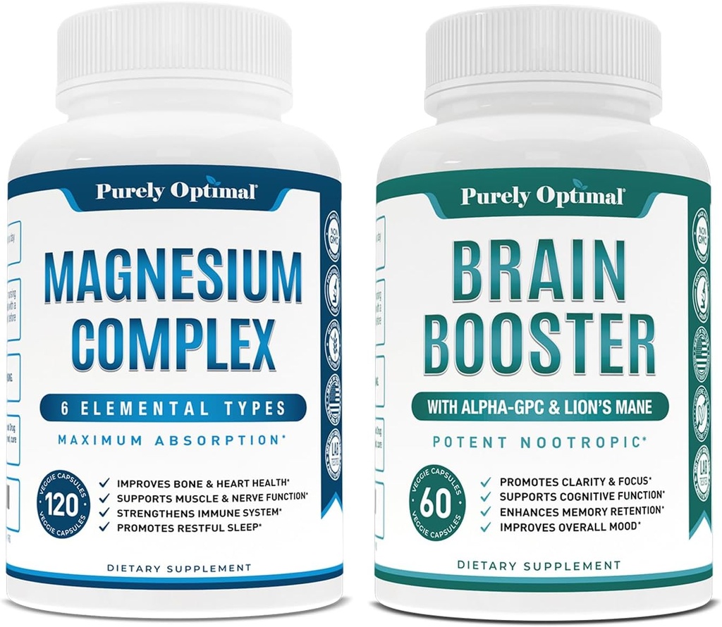 Magnesium Complex Supplement - Citrate, Malate, Taurate, Oxide, Bisglycinate Chelate, Aspartate + Brain Supplement - Nootropic Brain Booster for Focus, Clarity, Improved Memory, Concentration