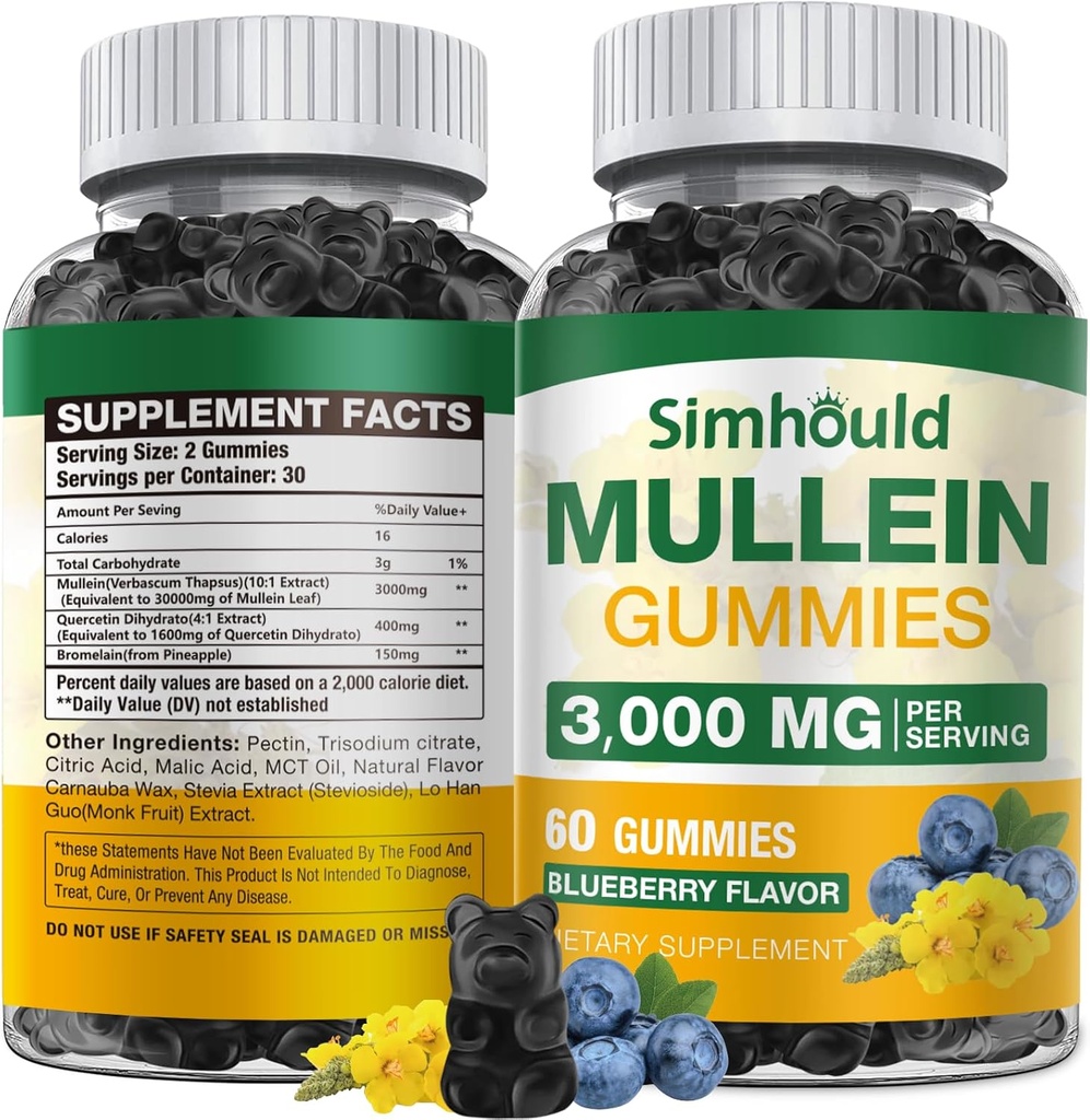 1 Pack Sugar Free 3000MG Mullein Gummies - Lung Cleanse, Mullein Leaf Extract Supplement for Respiratory, Organic Mullein Drops with Quercetin & Bromelain for Lung, Digestive Health & Immune