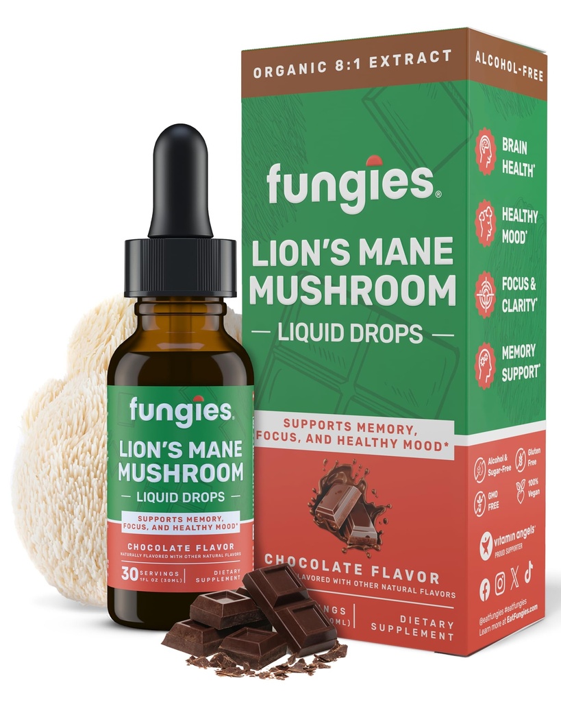 Fungies Mushroom Lion's Mane Liquid Drops, Chocolat - Teinture avec Lions Mane Extract Supporte Brain Fog, Focus, Memory & Healthy Mood - Supplément complexe de champignons pour adultes - 30 portions