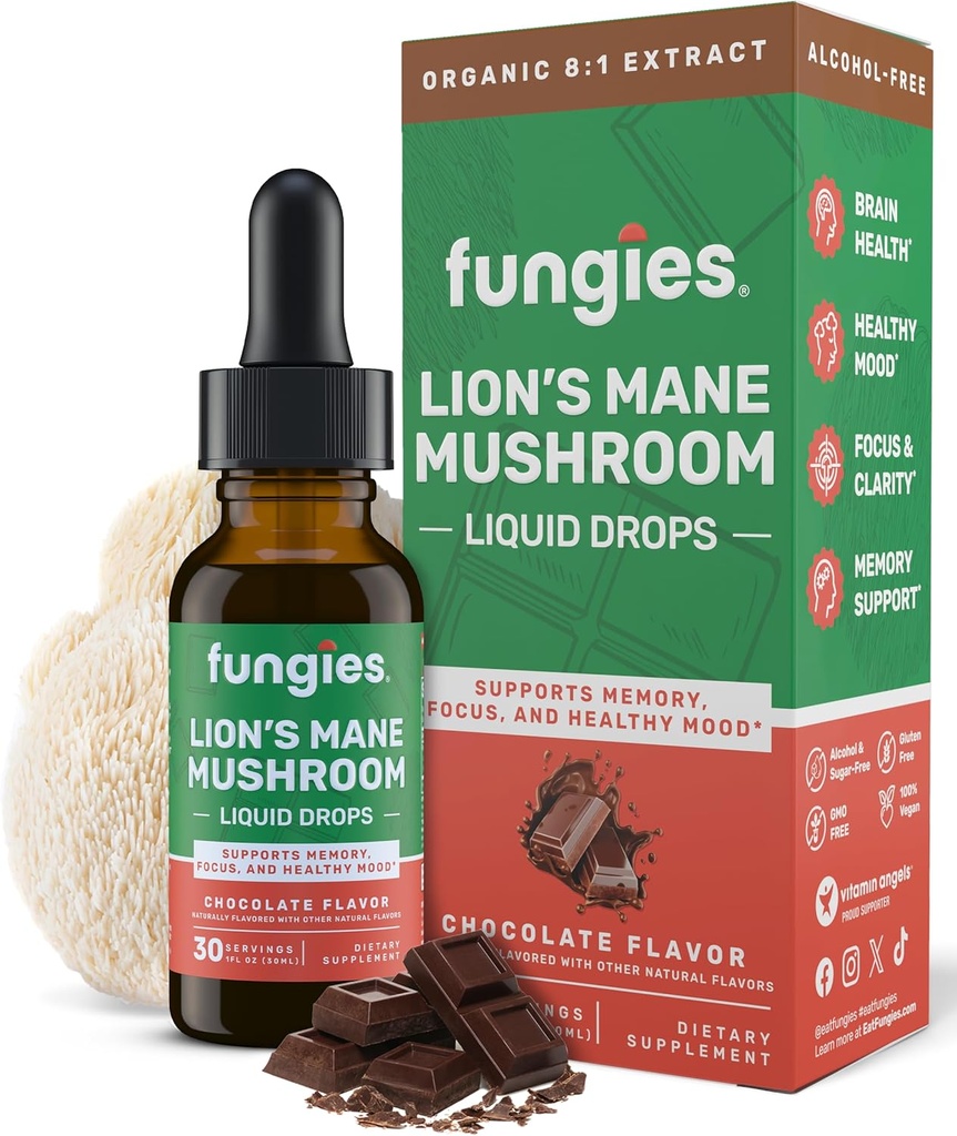 Fungies Mushroom Lion's Mane Liquid Drops, Chocolat - Teinture avec Lions Mane Extract Supporte Brain Fog, Focus, Memory & Healthy Mood - Supplément complexe de champignons pour adultes - 30 portions