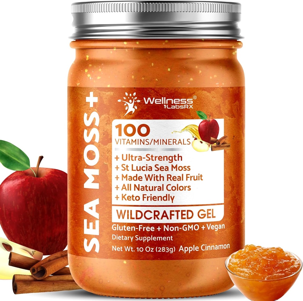 Gel de mousse de mer d'Irlande brut - Gel de superfood de fruits de mer d'origine sauvage - Saveur de cannelle de pomme, vitamine et minéral-rich de Pristine Caribbean Waters, Immune et Digestive Health Support - 10 oz